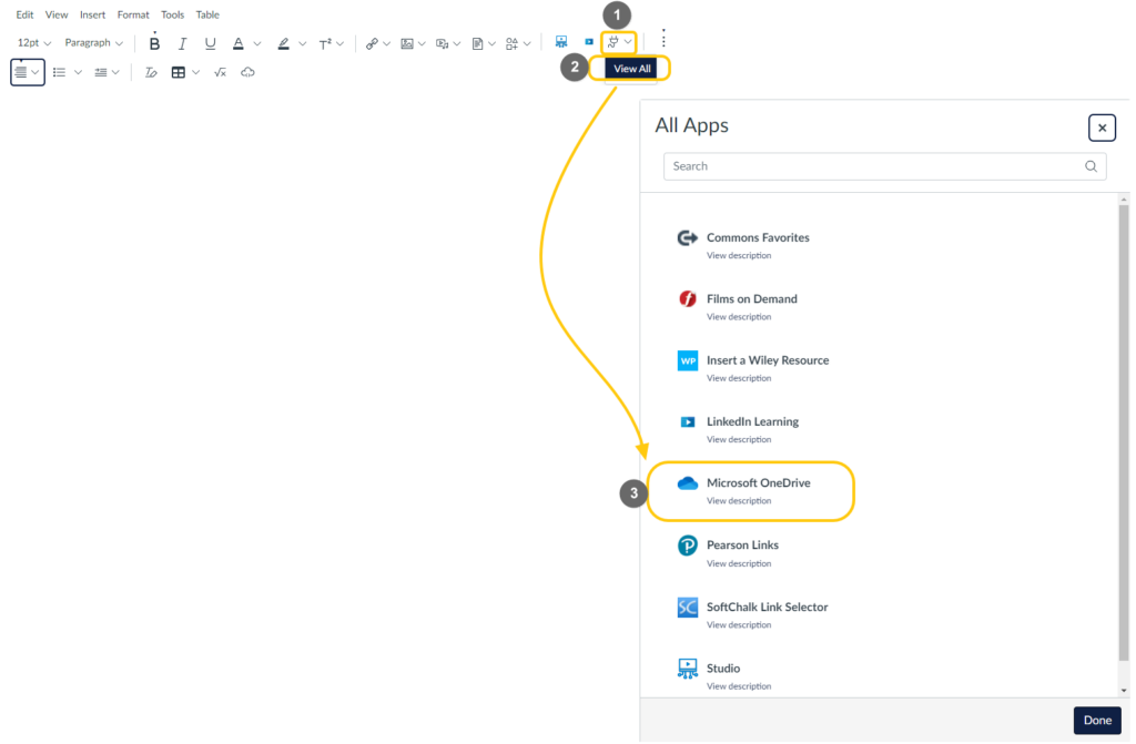 Within the RCE formatting buttons, click the Plugins button (if you don't see a plug icon, click the three-dot icon to expand and see additional options), select View All, and then choose Microsoft OneDrive. 